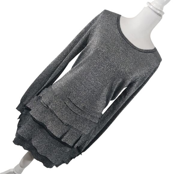 BCBGMAXAZRIA! BLACK & SILVER KNIT, LONG SLEEVE, RANDOM TIERED DRESS! SZ M - Picture 1 of 8